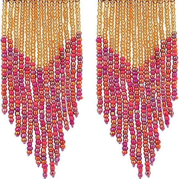 Long 4.5" Modern Art Deco Oversized Post Earrings AB Green Red Brown Gold Beaded - Picture 4 of 7